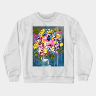 Bright Flowers on Blue,  floral pillows, tote bag, pouch, handbag, pink, blue, yellow, bright modern flowers, abstract floral decor Crewneck Sweatshirt